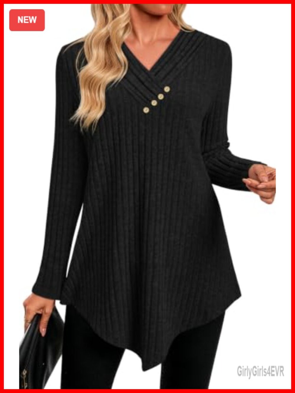 Womens V Neck Tunic Top Long Sleeve Ribbed Knit Asymmetrical Hem